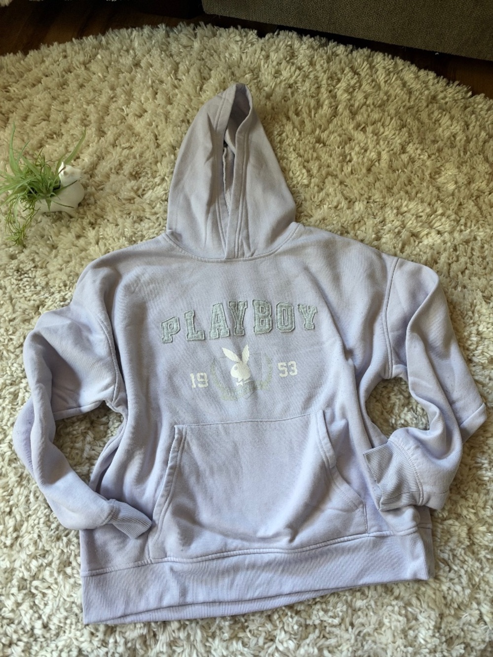 Playboy Est. 1953 Bunny Logo Graphic Hoodie in purple with a drawstring hood, ka